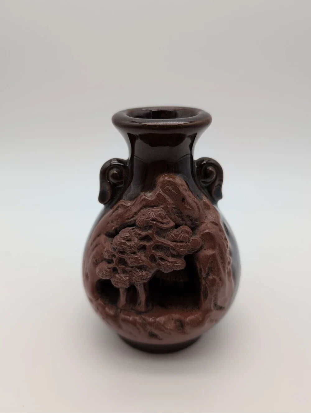 Banko Ware Japanese Pottery Intricately Carved Landscape House Miniature Vase 4